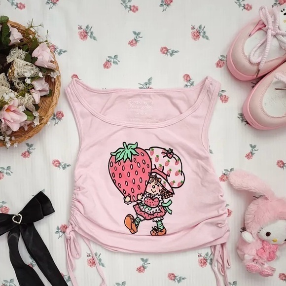 Strawberry Shortcake Tops - Strawberry Shortcake Pink Cropped Tank Top, Summer, Y2K